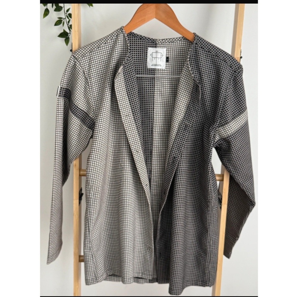 Blacksmith Mens S Shirt Jacket Black White Grid Colorblock Asymmetric Collarless